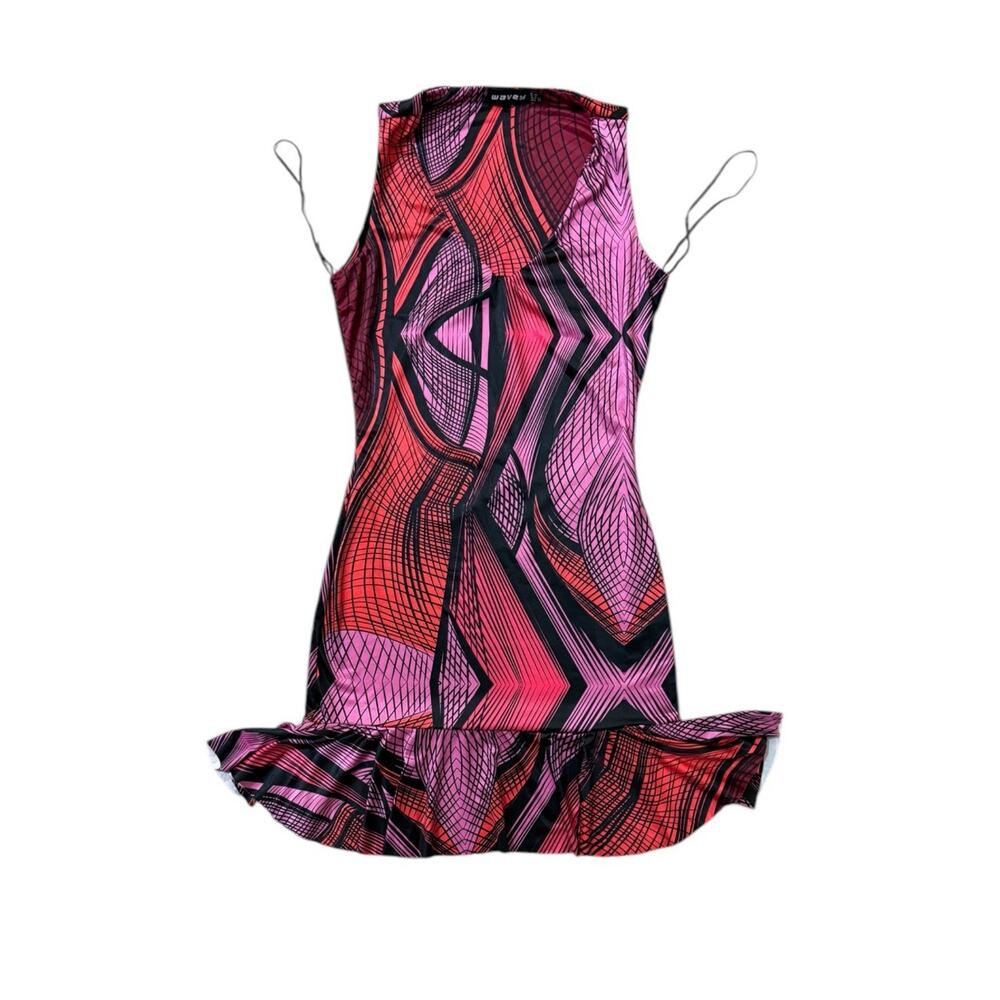 Wavey Vibrant Multicolor Abstract Print Mini Dress Size 6US Ruffle Hem